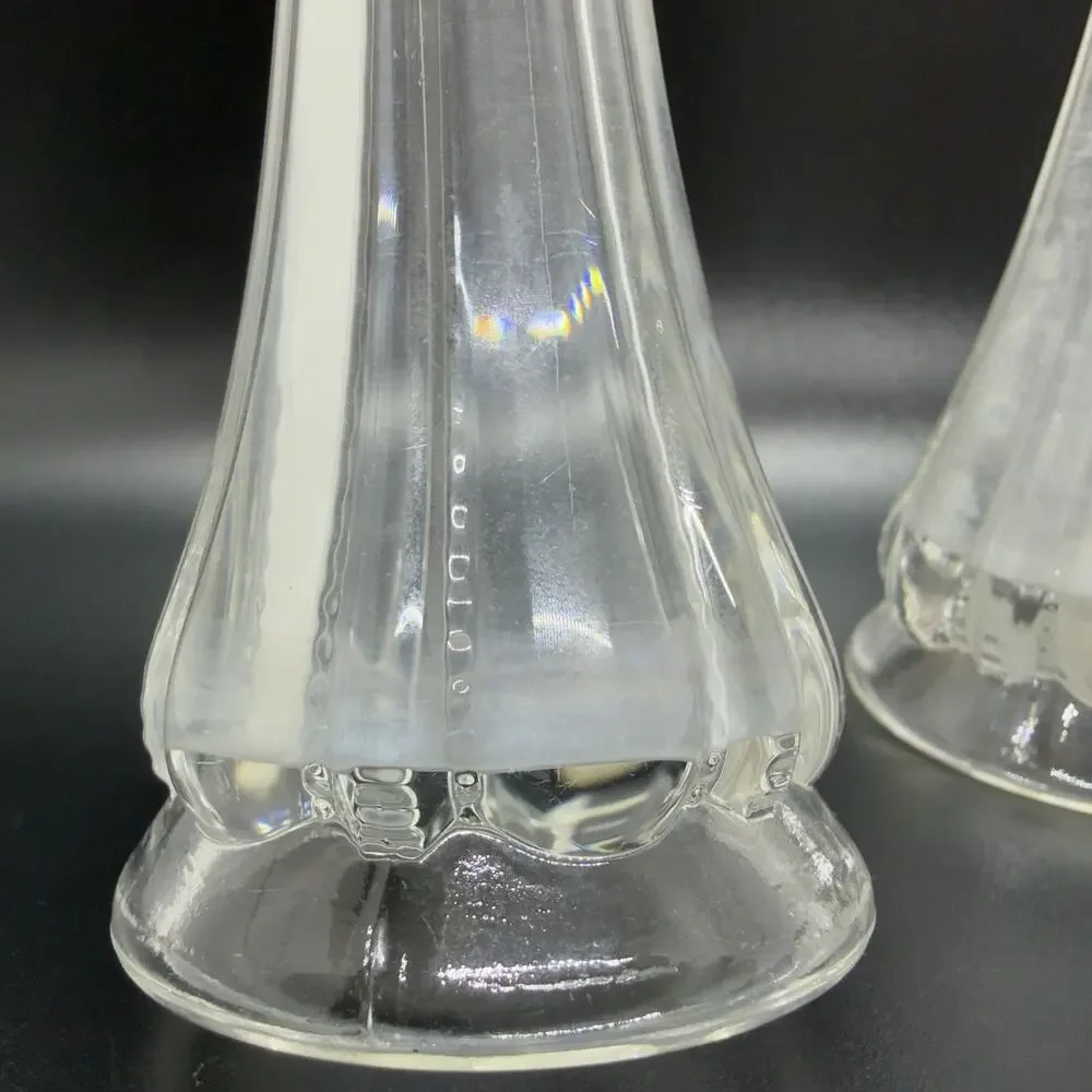 Vintage Swung Glass Bud Vase Pair Ribbed 8in Clear 6 Finger Stretched MCM
